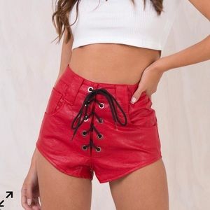 Lioness red faux leather lace up shorts